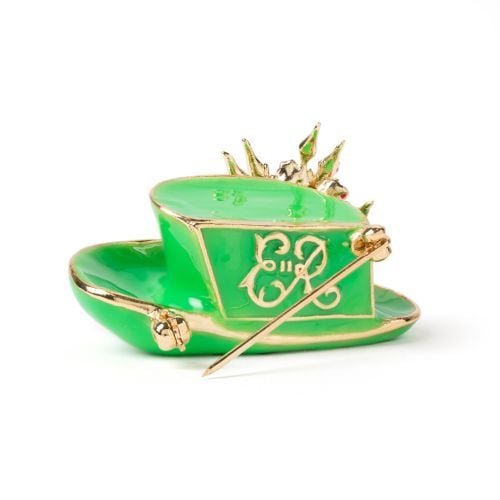 Her life in style green hat brooch with pink crystals.
