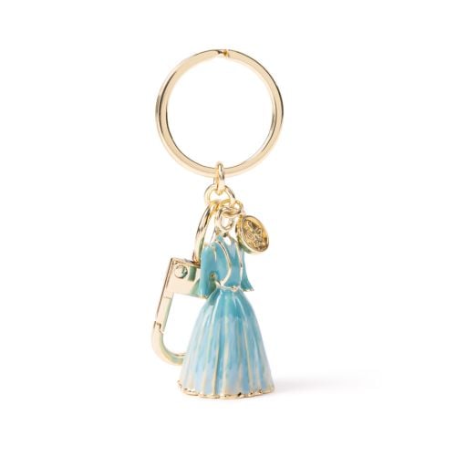 Blue and gold handbag charm/keyring in the shape of a dress