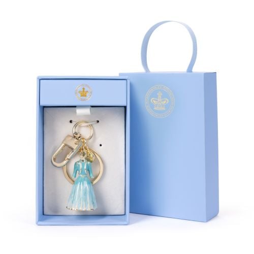 Blue and gold handbag charm/keyring in the shape of a dress