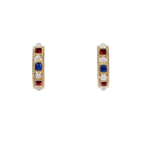 Gold plated hoop earrings with red and blue crystals and faux pearls.