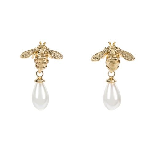 Gold bee and pearl drop earrings.