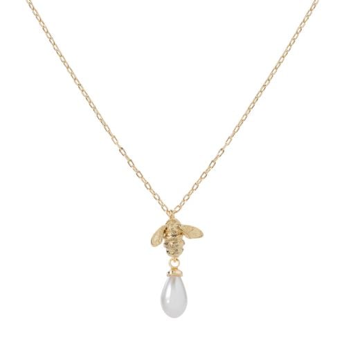 Gold plated bee and pearl drop pendant necklace on gold chain.