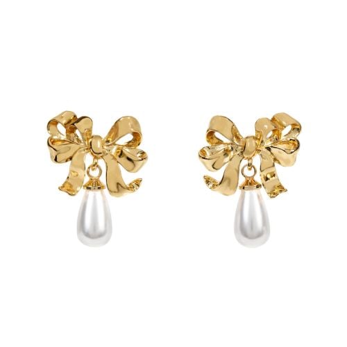 Gold plated bow and pearl drop earrings.