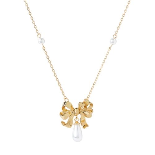 Gold plated bow and pearl drop necklace.