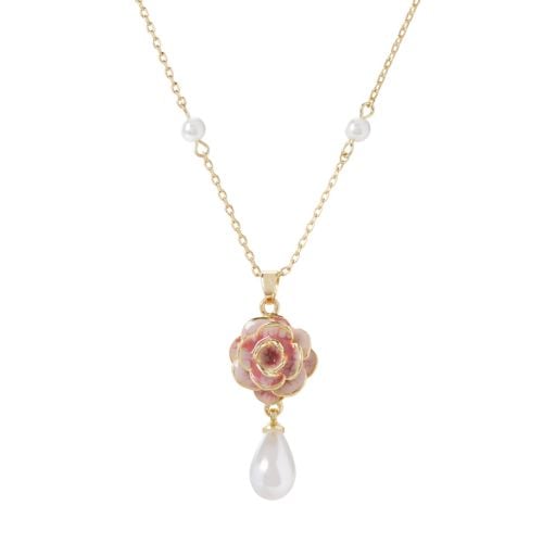 Pink rose and pearl drop pendant on gold plated chain.