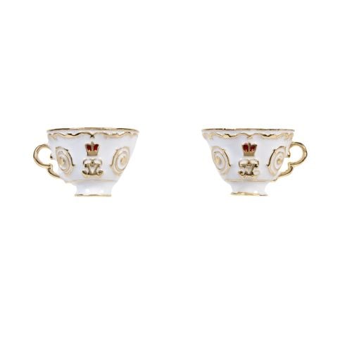 Miniature teacup earrings in white and gold enamel.