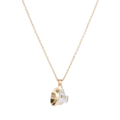 Miniature teacup pendant necklace in white and gold with V&A cypher.