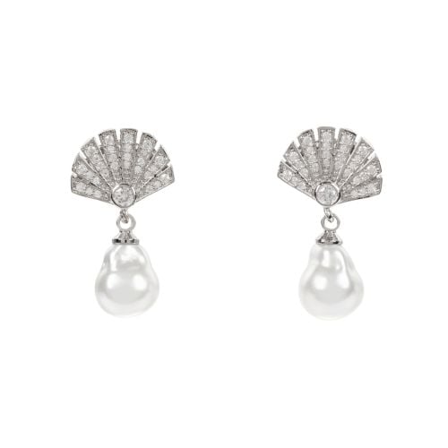 Rhodium plated crystal and pearl fan necklace.