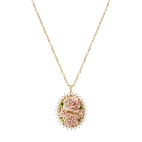 Pink rose and faux pearl pendant on gold plated chain.