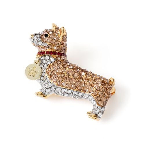 Corgi brooch with silver and gold crystals, and red crystal collar.