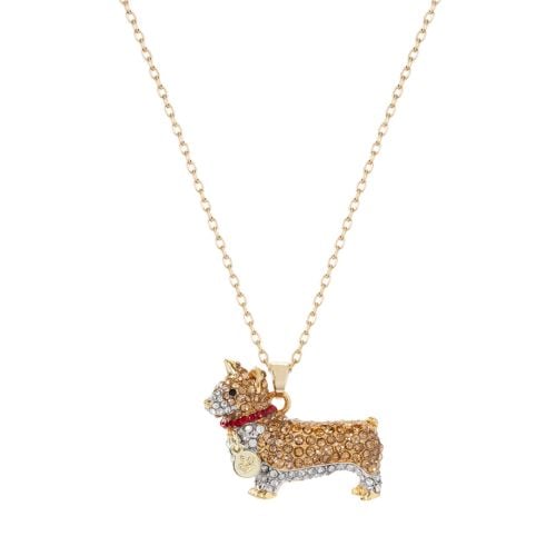 Corgi pendant necklace decorated in crystals on fine gold chain.