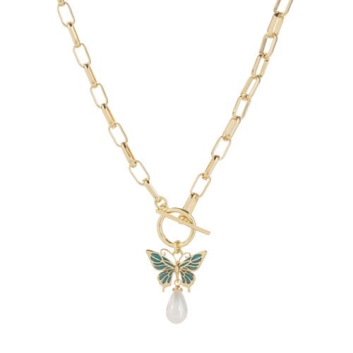 Gold plated and enamel butterfly t bar necklace, based on East Wing butterflies.