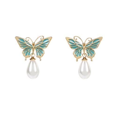 Brass and enamel butterfly and pearl drop earrings.