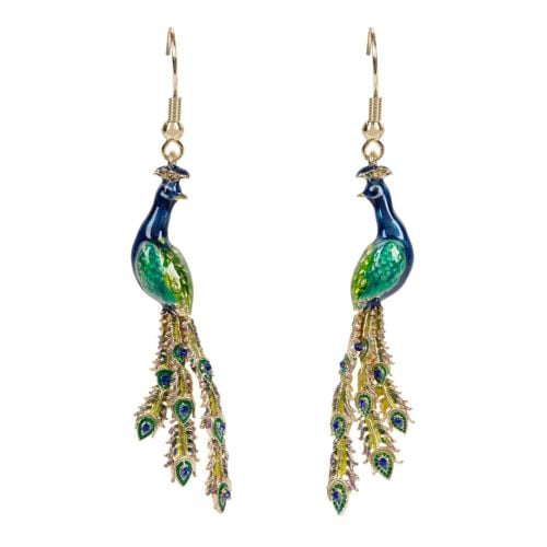 Blue and green enamel peacock drop earrings, based on the peacocks depicted on the East Wing wallpaper.