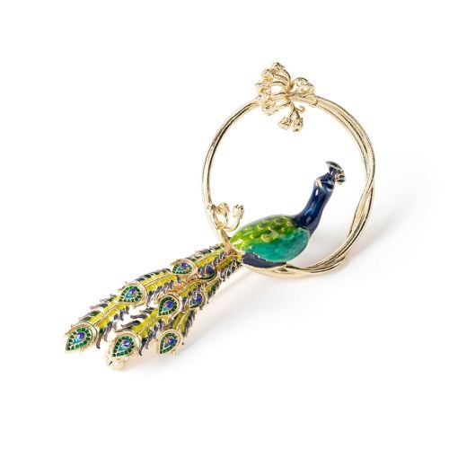 Blue and green peacock brooch on gold plated brooch with glass crystals. Based on the peacocks depicted on the wallpaper in the East Wing of Buckingham Palace.
