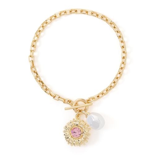 Gold plated bracelet with sunflower and pearl inspired by the East Wing in Buckingham Palace.