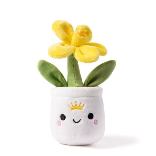 Plush white pot with a smiley face and crown, with a yellow daffodil. 