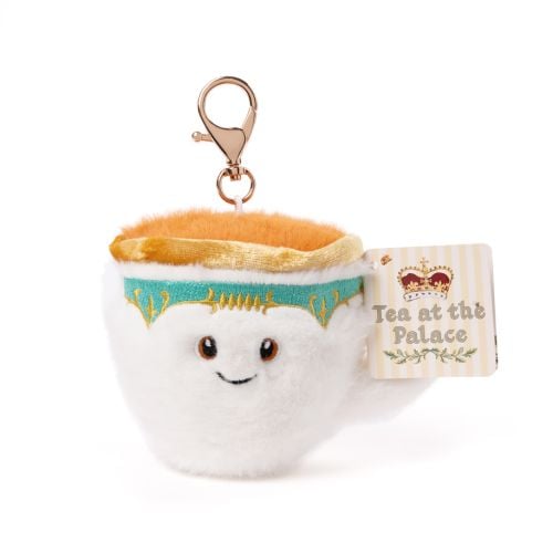 Teacup plush keyring with a smiley face. 