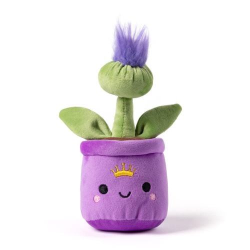 Purple Palace of Holyroodhouse thistle pot Plush with smiley face and crown on pot. 