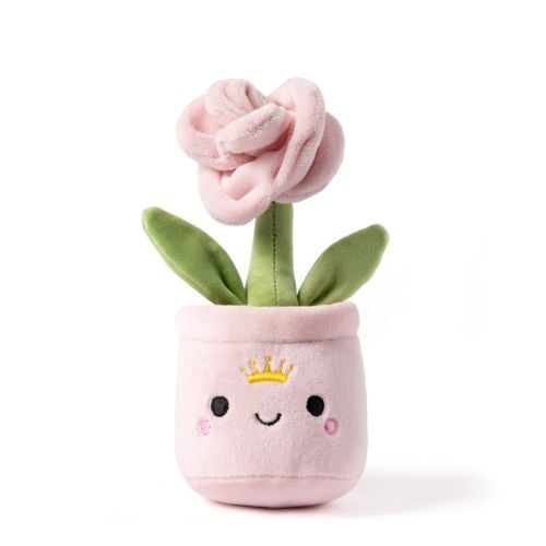Pink pot English Rose plush with a smiley face and crown. 