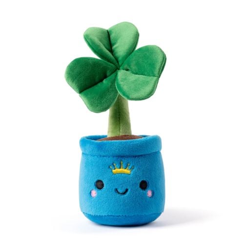 Blue pot shamrock plush featuring a smiley face and crown. 