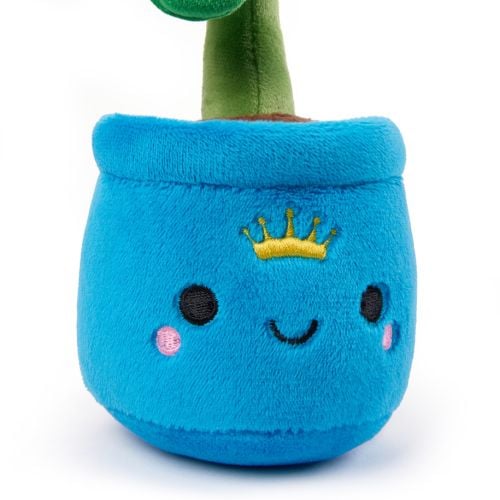 Blue pot shamrock plush featuring a smiley face and crown. 