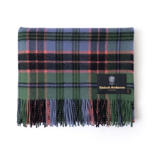 Kinloch Anderson labelled throw in Old Stewart Tartan in green, blue, pink and purple throw. 