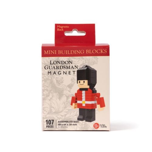 Red box containing a London Guardsman mini building blocks magnet set, featuring an illustrated block-style guardsman figure on the front.