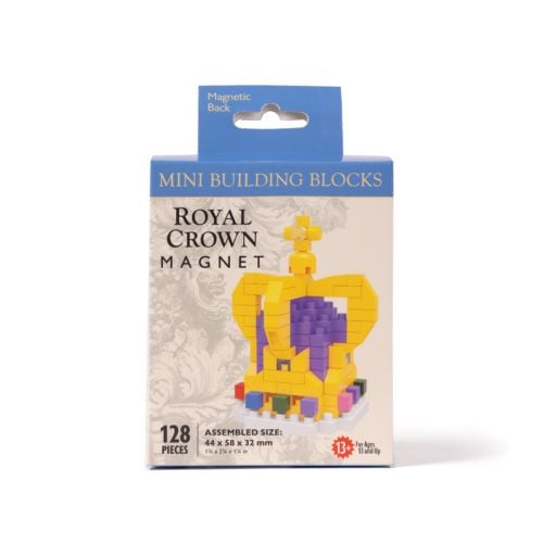Blue box containing a royal crown mini building blocks magnet set, showing a yellow and purple block-style crown on the front.