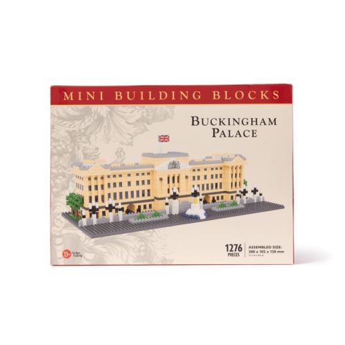 Mini Building Blocks Buckingham Palace architecture model kit retail box. Features a 3D rendering of a completed 1,276 piece model brick replica. 
