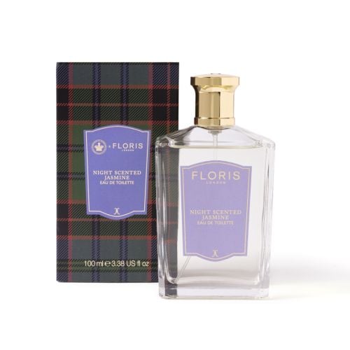 Floris Night Scented Jasmine Eau de Toilette featuring Old Steward Tartan packaging. 
