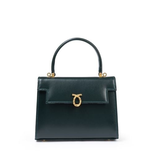 Front of Forest green Launer Judi bag featuring iconic Launer branded clasp. 