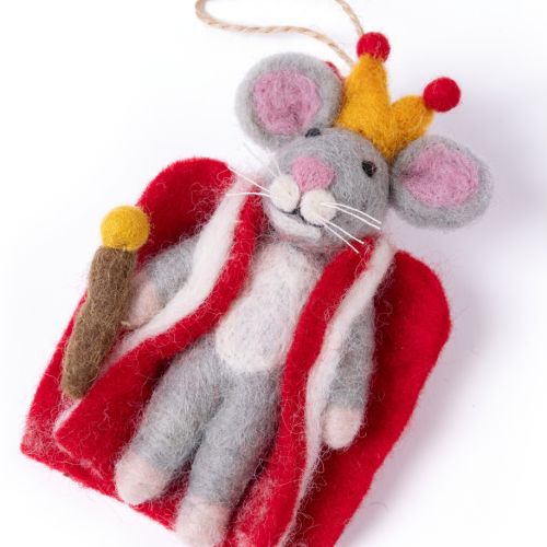 Felt mouse king ornament wearing a crown, robe and holding a sceptre.