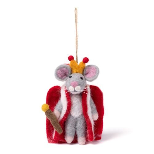 Felt mouse king ornament wearing a crown, robe and holding a sceptre.