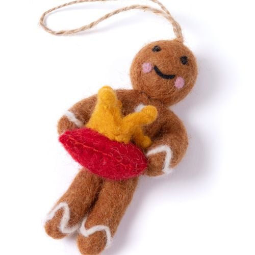 Felt gingerbread ornament holding a tray of crown-shaped biscuits.