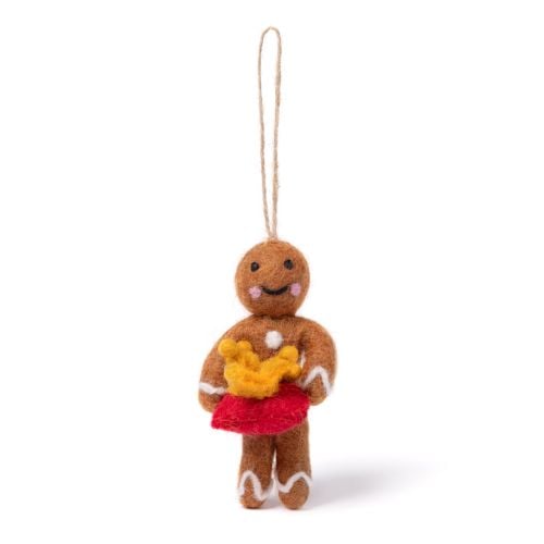 Felt gingerbread ornament holding a tray of crown-shaped biscuits.
