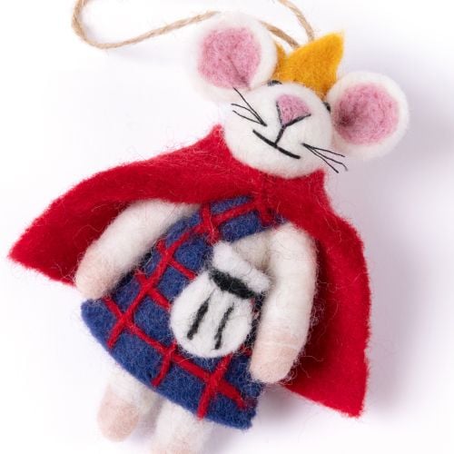 Felt mouse king ornament wearing a crown and red cape, holding a small handbag in a kilt.