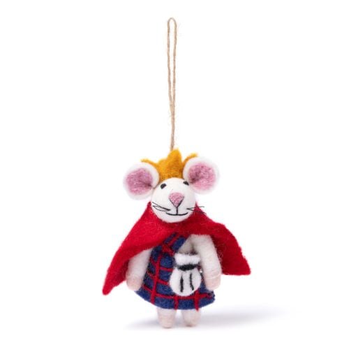 Felt mouse king ornament wearing a crown and red cape, holding a small handbag in a kilt.