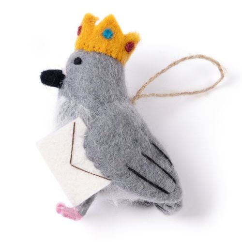 Felt crowned pigeon ornament holding an envelope.