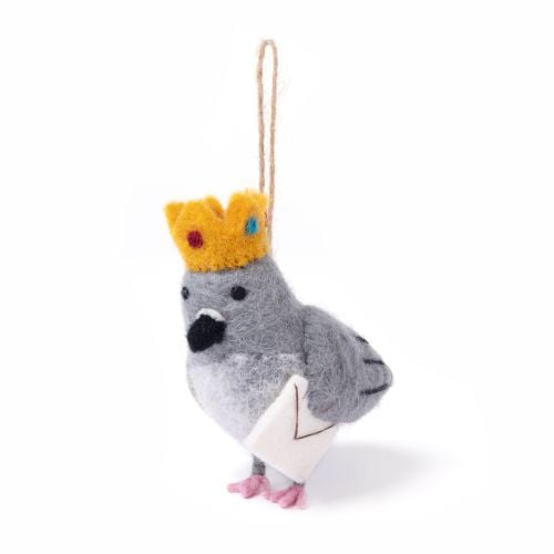 Felt crowned pigeon ornament holding an envelope.