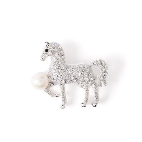Cyrstal studded horse brooch with pearl ball, set in silver. 