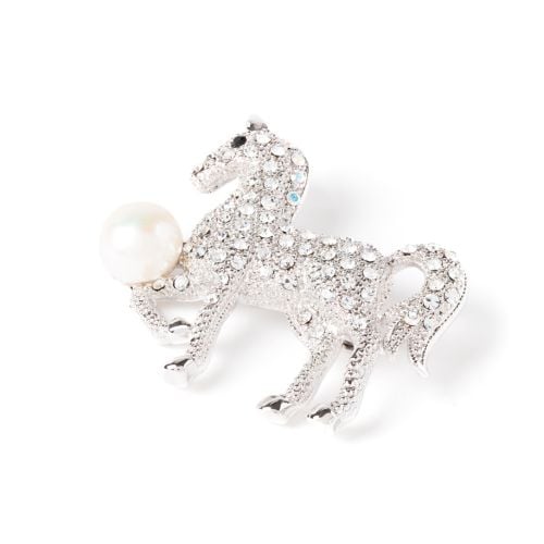 Cyrstal studded horse brooch with pearl ball, set in silver.