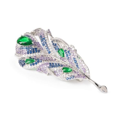 Crystal feather brooch with purple, blue and crystal studs and green faux gems set in silver. 