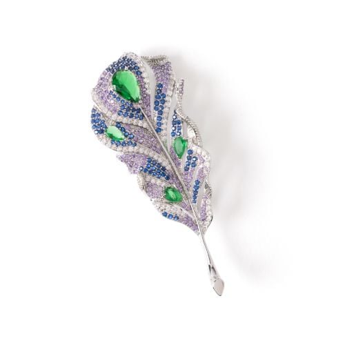 Crystal feather brooch with purple, blue and crystal studs and green faux gems set in silver.
