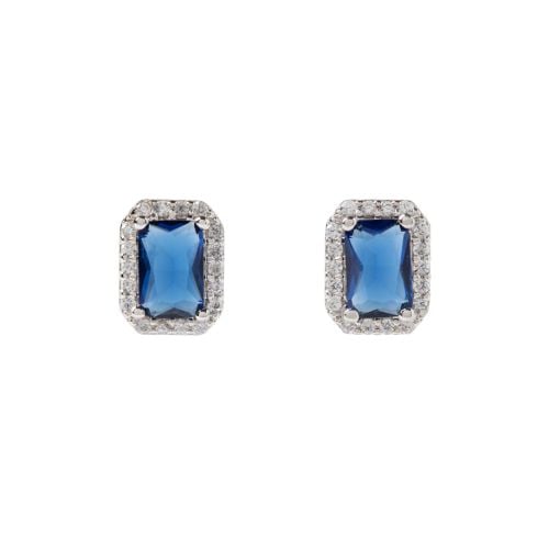 Blue crystal hexagonal earrings with surrounding crystal studs, set in silver.

