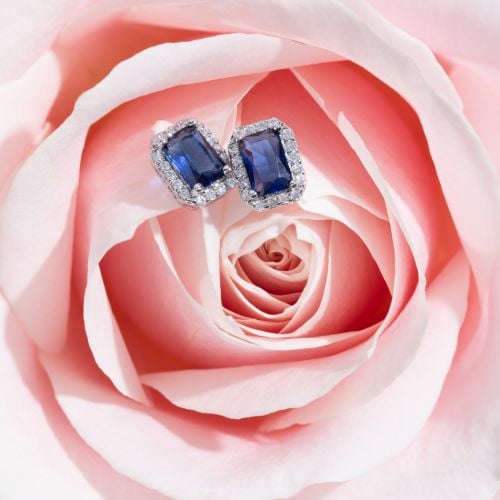 Blue crystal hexagonal earrings with surrounding crystal studs, set in silver.