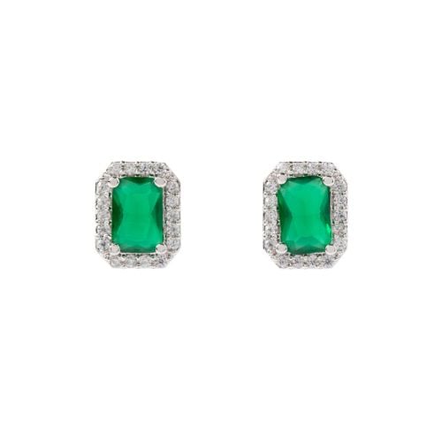 Green crystal hexagonal earrings with surrounding crystal studs, set in silver.

