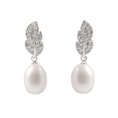 Pearl drop earrings with crustal studed feather design set in silver. 