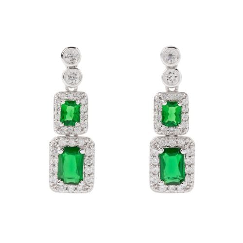 Emerald crystal cut drop earrings featuring two rectangular emeralds bordered by crystals. 