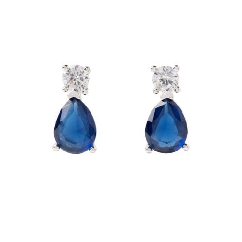 Blue crystal teadrop shaped stud earrings with crystal stud above in silver. 
